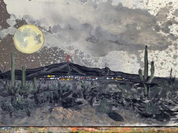 Painting of desert landscape with full moon and far off city at the base of the mountains