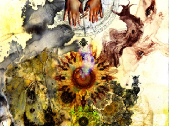 Cover Volume 24, collage of sun, hands and yellow and brown watercolor