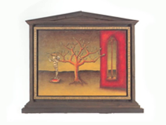 Cover Volume 2, brown painting of a tree and a red door