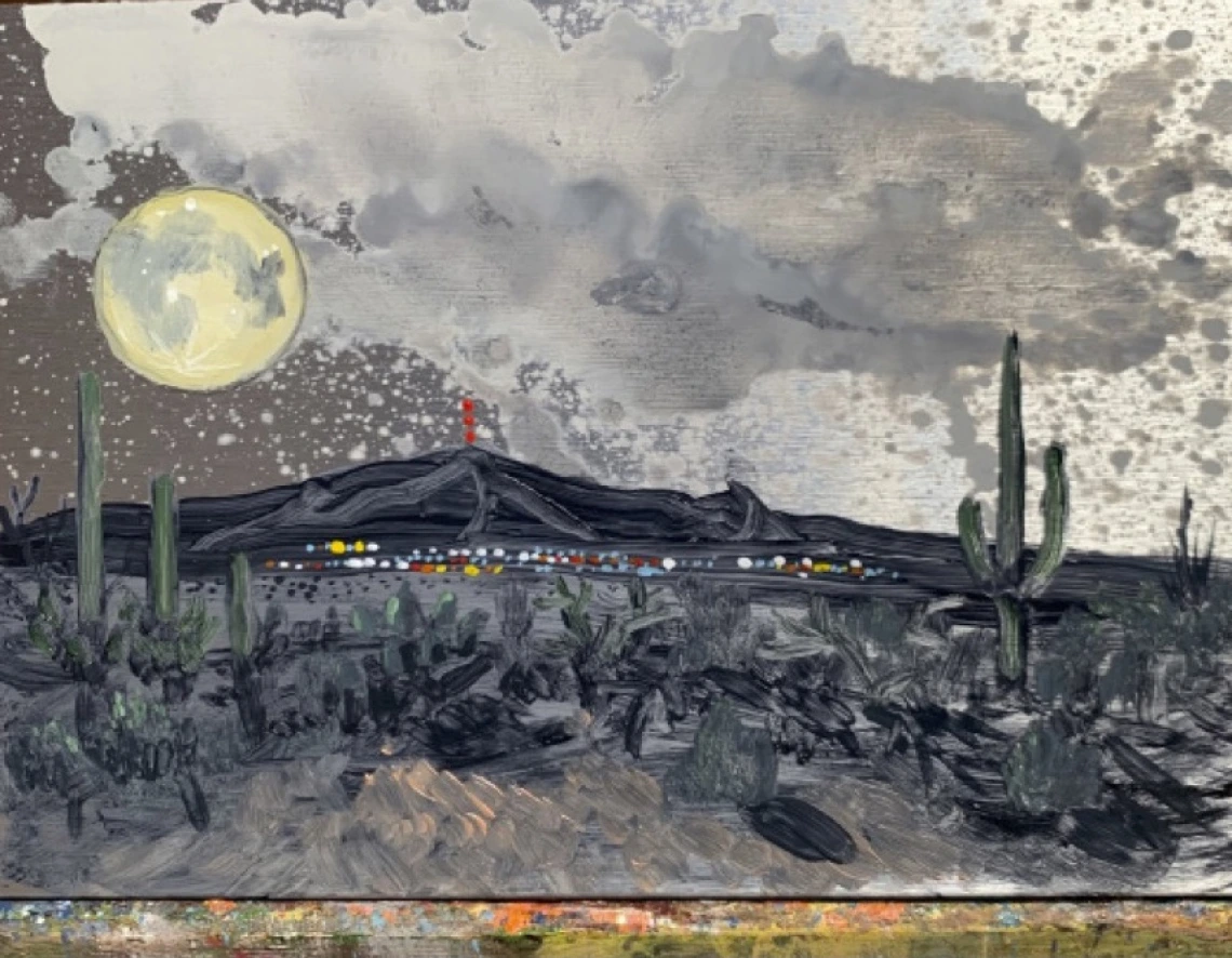 Painting of desert landscape with full moon and far off city at the base of the mountains