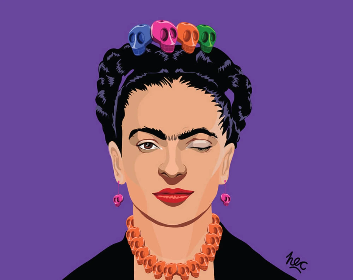 Cover Volume 18, Frida Kahlo winking over purple background