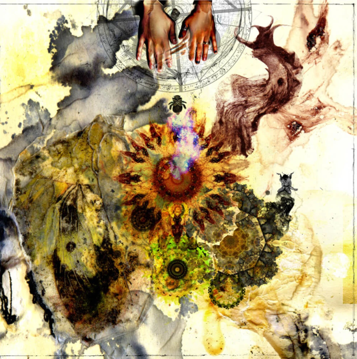 Cover Volume 24, collage featuring sun icon, hands and yellow, brown and black watercolor